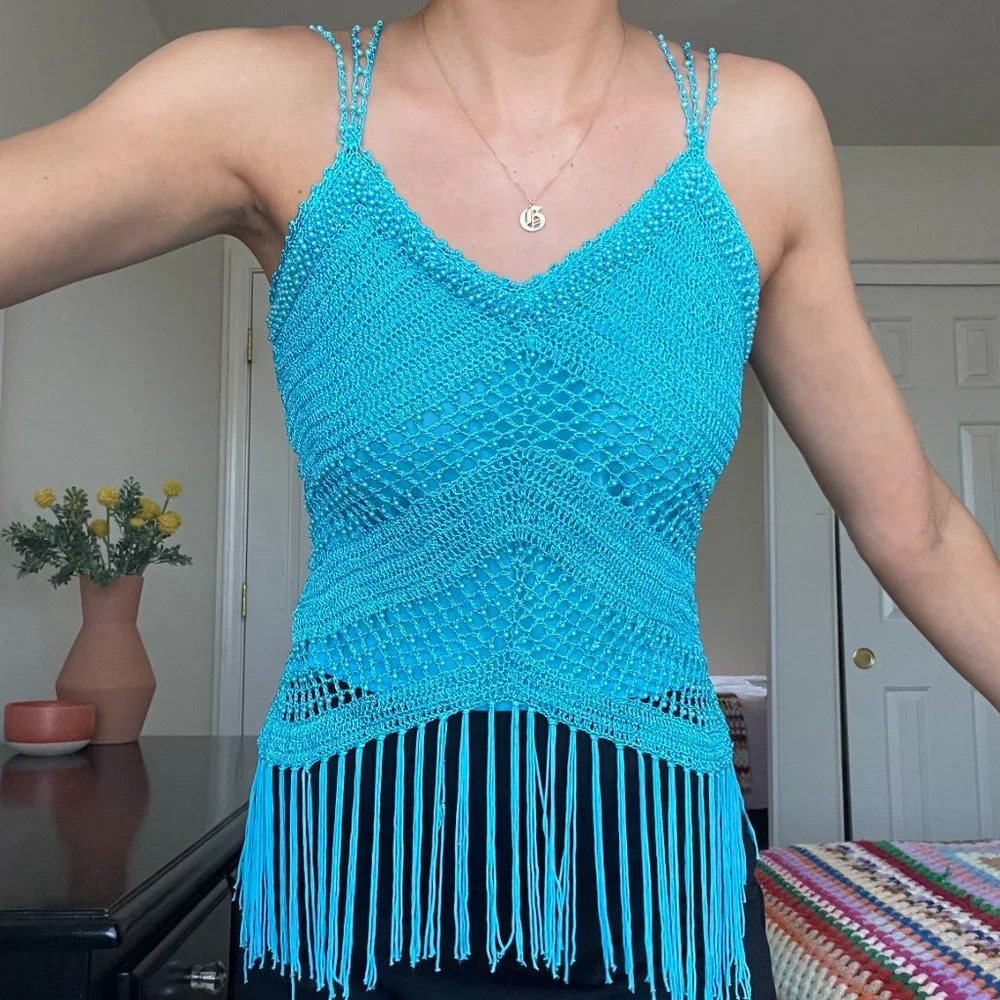 SOLD! 90s/ Y2K Beaded Blue Boho Tank Top with Fringe - Picture 1 of 8